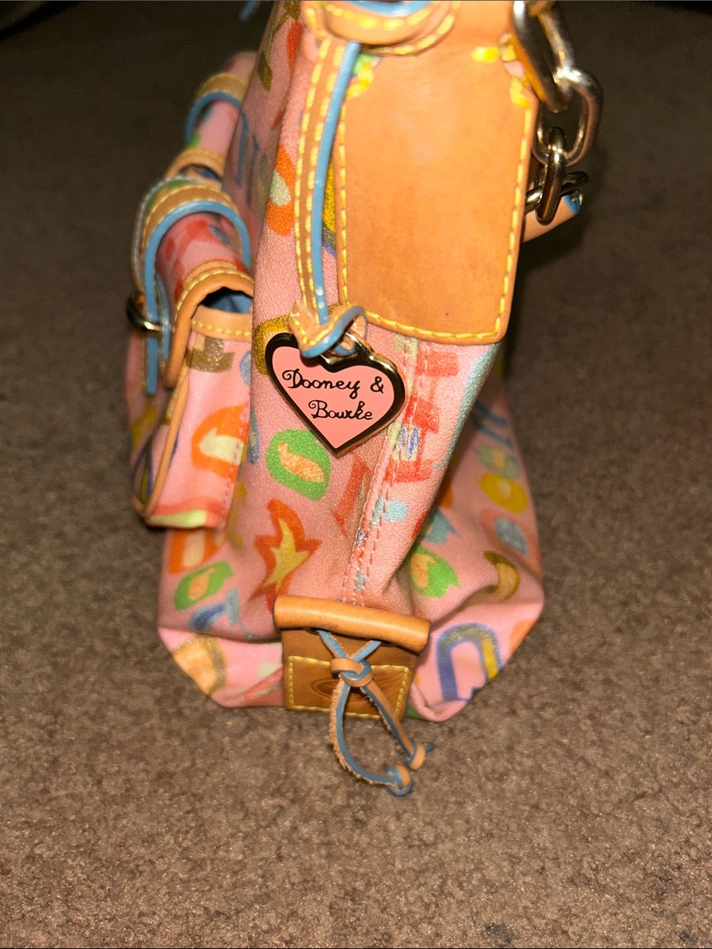 Vintage Dooney & Bourke Pink Graffiti Bag with Tan Leather Trim - Picture 14 of 16